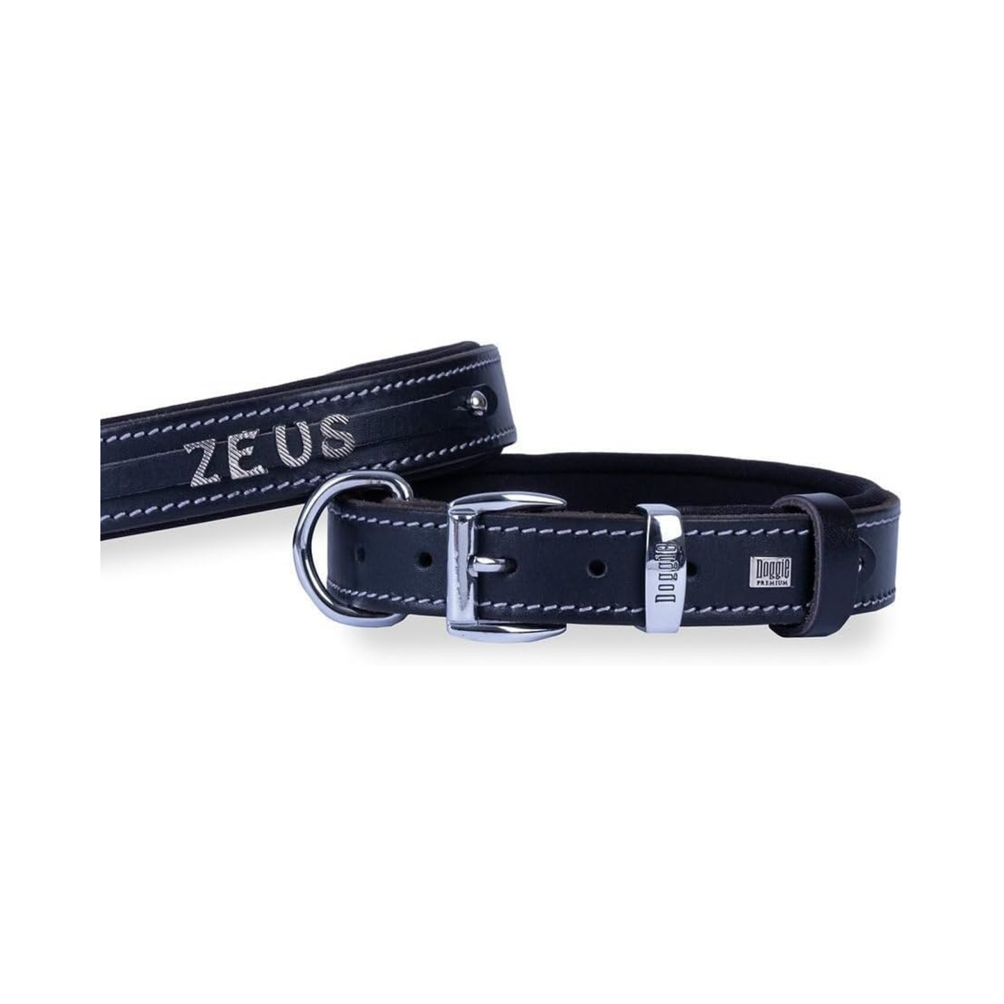 Teo Premium Leather Dog Collar – Personalized with ID Tag, Black (42–50 cm)