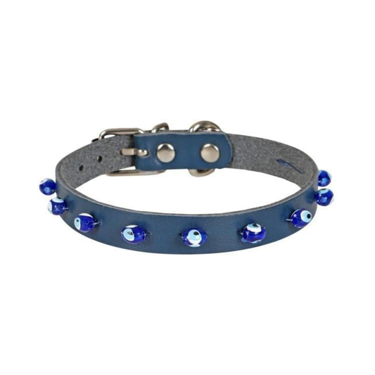Leather Blue Bead Cat Collar with Metal Safety Buckle – Black (12–16 cm)