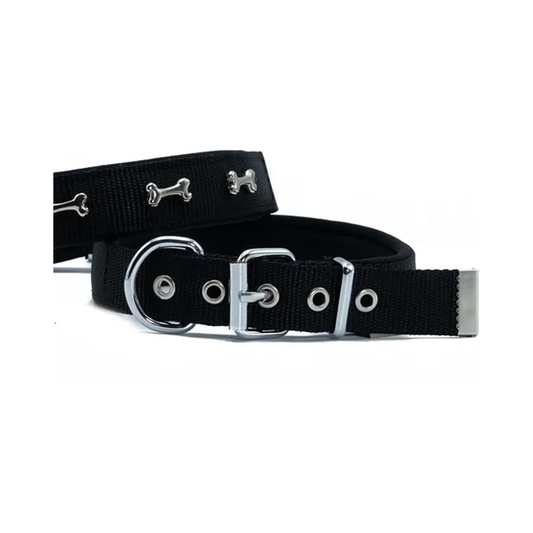 Comfort Webbing Ornamental Bone Dog Collar – Black (30–35 cm)