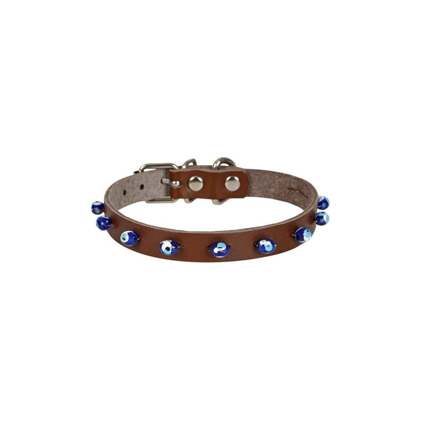 Leather Blue Bead Cat Collar with Metal Safety Buckle – Black (12–16 cm)