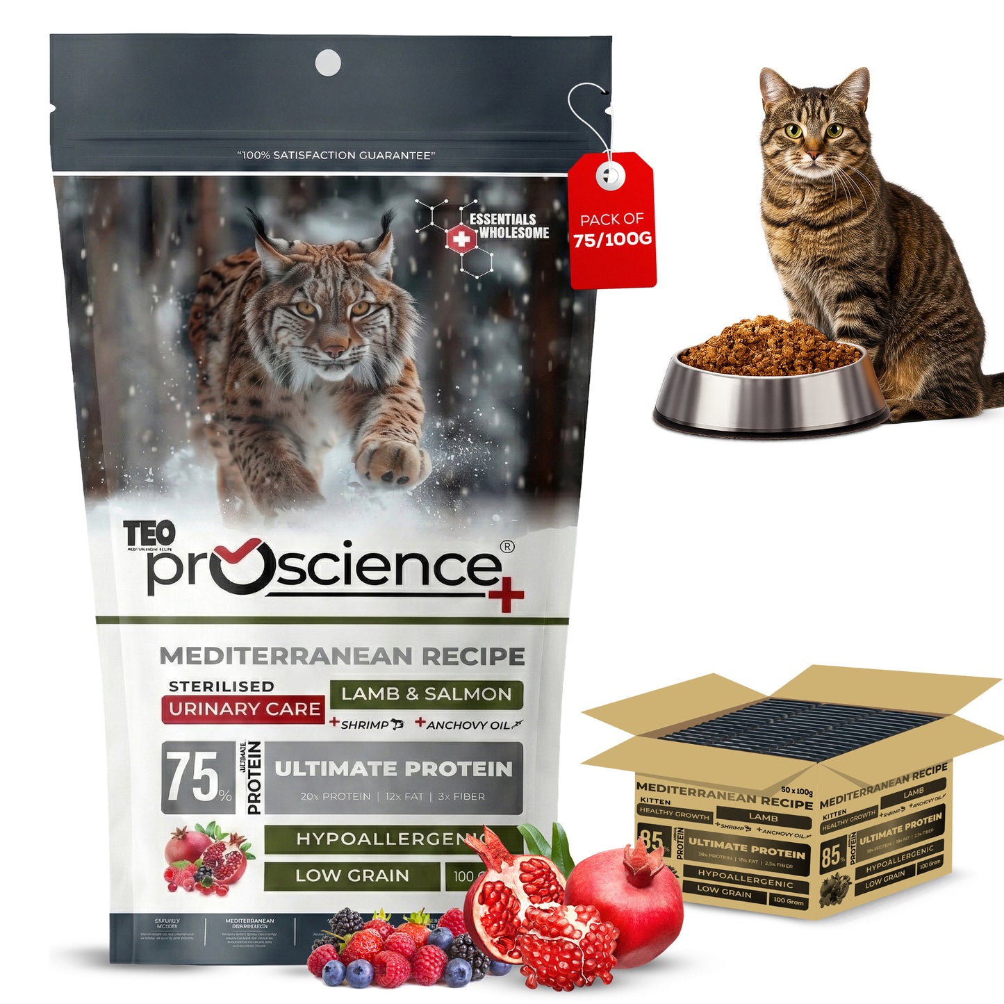 Teo Premium ProScience Mother & Baby Cat Food Mediterranean Recipe With Salmon, Shrimp & Anchovy Oil 87% Animal Protein Hypoallergenic Low-Grain Formula Omega 3 & 6, Taurine, Prebiotics FOS+MOS 1.5KG