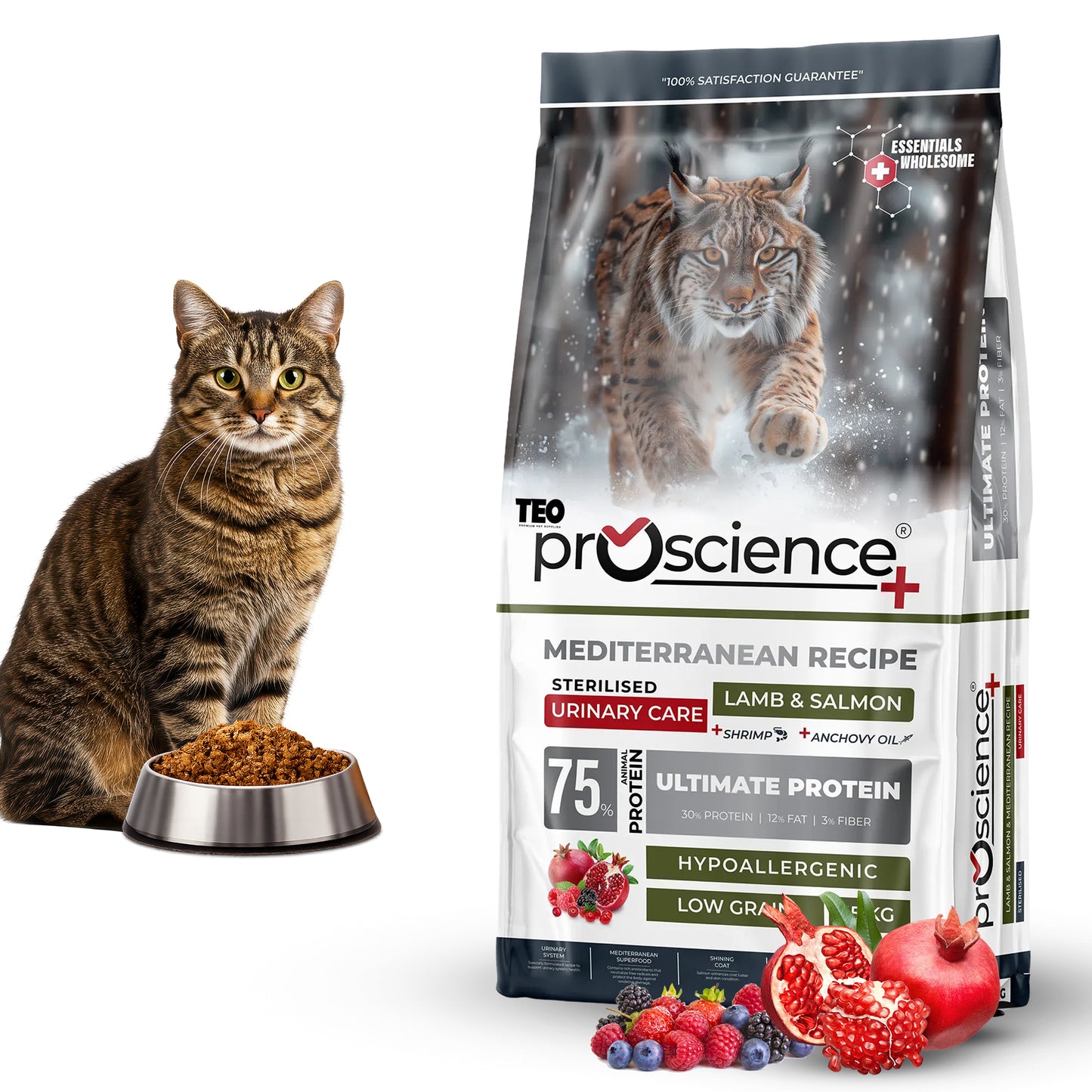 Teo Premium ProScience Mother & Baby Cat Food Mediterranean Recipe With Salmon, Shrimp & Anchovy Oil 87% Animal Protein Hypoallergenic Low-Grain Formula Omega 3 & 6, Taurine, Prebiotics FOS+MOS 1.5KG