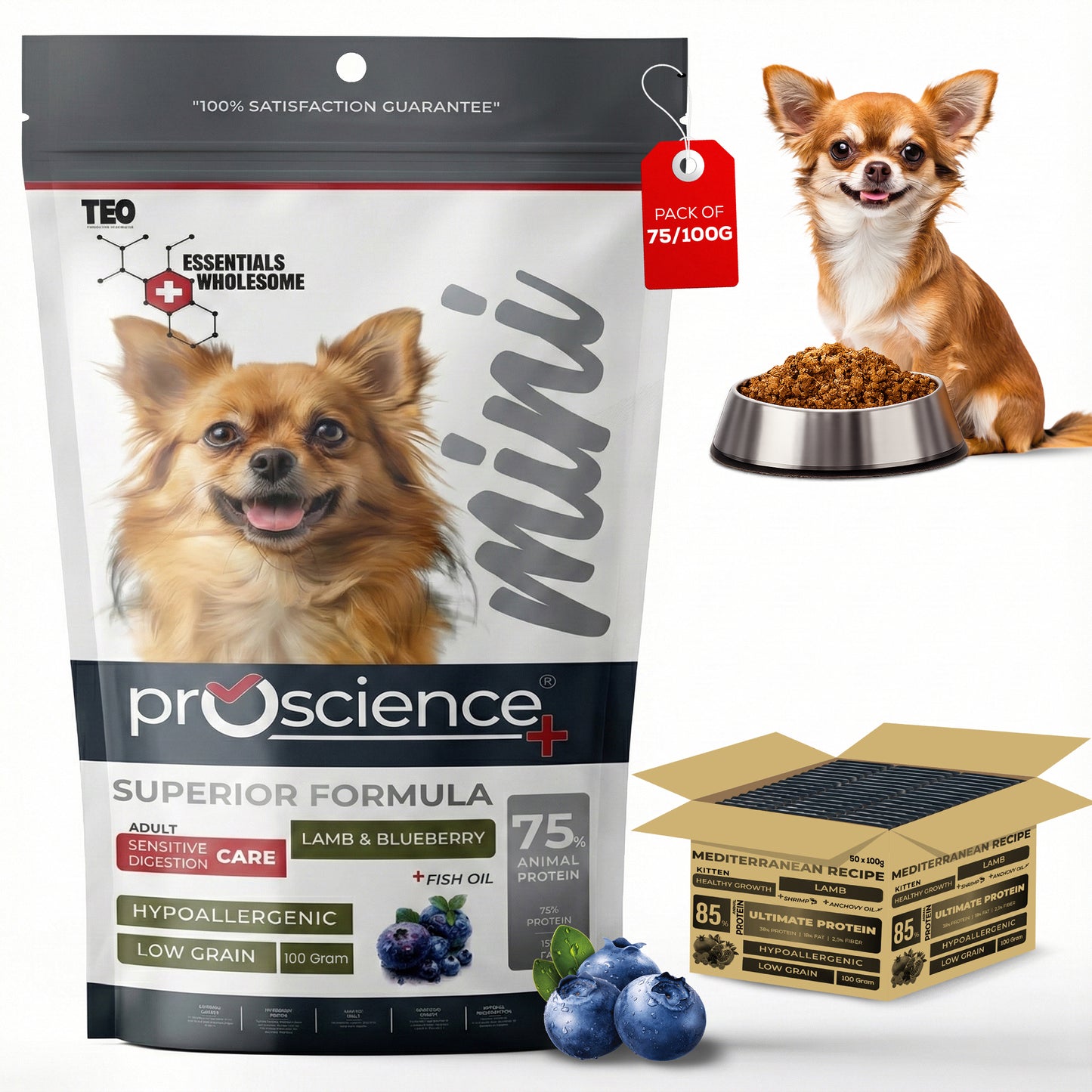 Teo Premium Proscience Mini Puppy Lamb & Blueberry Dog Food 2KG, 78% Animal Protein, Hypoallergenic Low-Grain Formula, DHA & Fish Oil for Brain Development, Healthy Growth for Small Breed Puppies