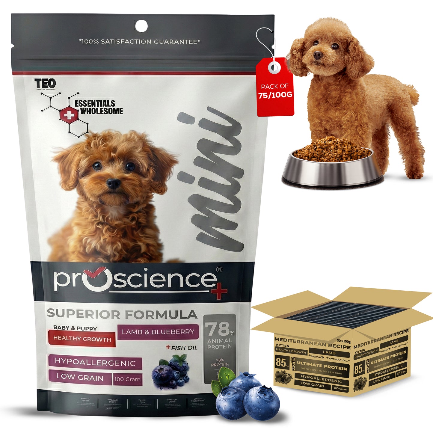 Teo Premium Proscience Mini Puppy Lamb & Blueberry Dog Food 2KG, 78% Animal Protein, Hypoallergenic Low-Grain Formula, DHA & Fish Oil for Brain Development, Healthy Growth for Small Breed Puppies