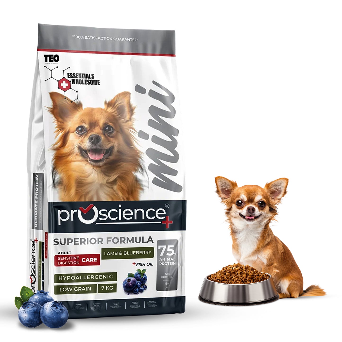 Teo Premium Proscience Mini Puppy Lamb & Blueberry Dog Food 2KG, 78% Animal Protein, Hypoallergenic Low-Grain Formula, DHA & Fish Oil for Brain Development, Healthy Growth for Small Breed Puppies