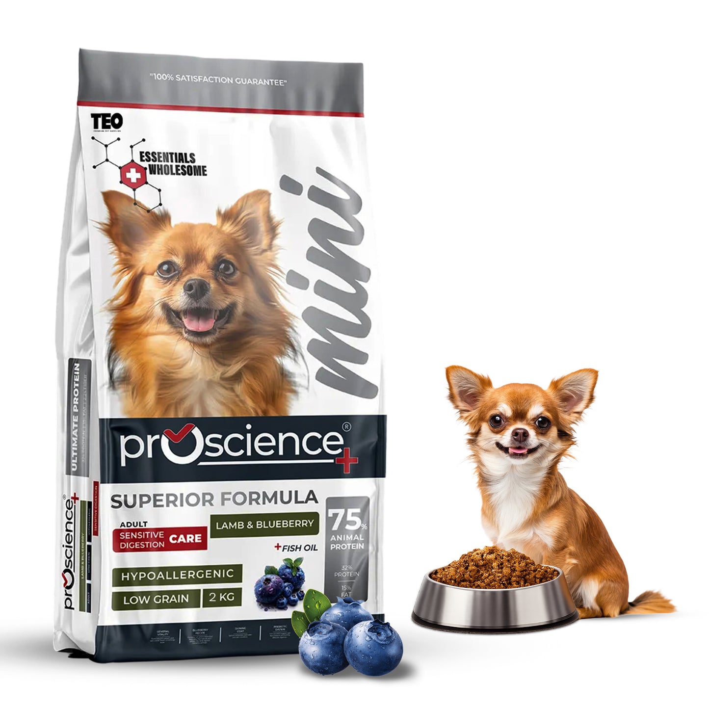 Teo Premium Proscience Mini Puppy Lamb & Blueberry Dog Food 2KG, 78% Animal Protein, Hypoallergenic Low-Grain Formula, DHA & Fish Oil for Brain Development, Healthy Growth for Small Breed Puppies