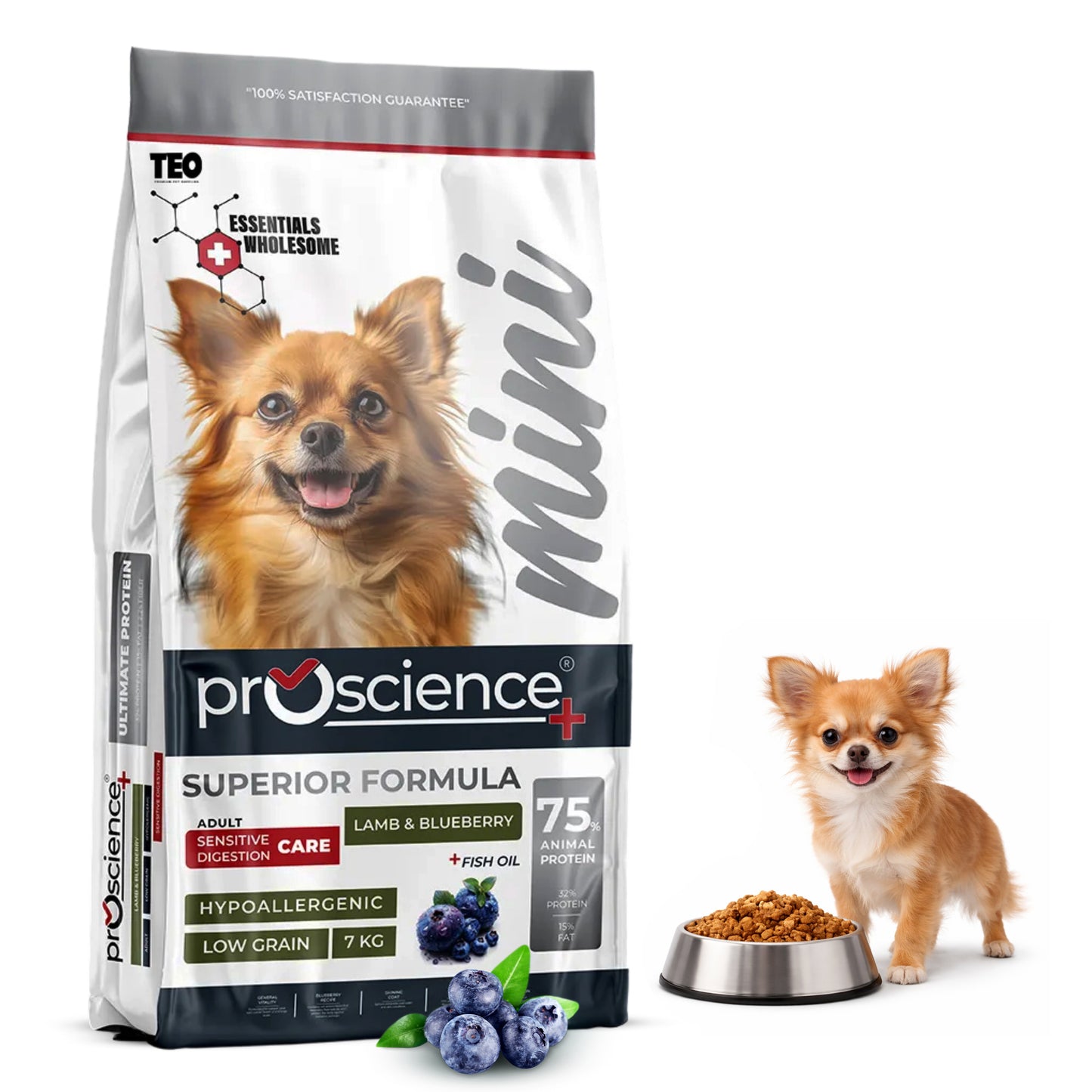 Teo Premium Proscience Mini Puppy Lamb & Blueberry Dog Food 2KG, 78% Animal Protein, Hypoallergenic Low-Grain Formula, DHA & Fish Oil for Brain Development, Healthy Growth for Small Breed Puppies