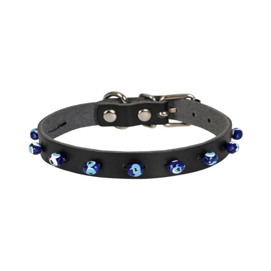 Leather Blue Bead Cat Collar with Metal Safety Buckle – Black (12–16 cm)