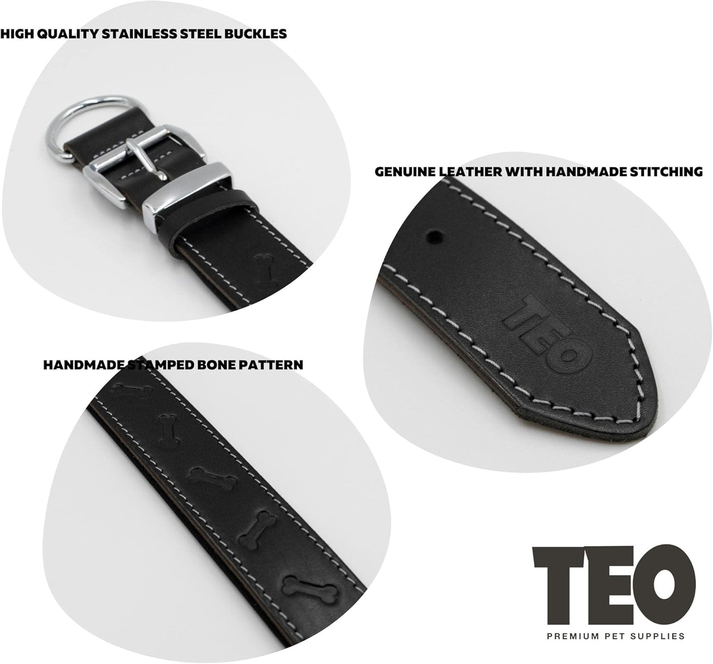 Teo Premium Leather Dog Collar – Black, XS+, Adjustable & Durable