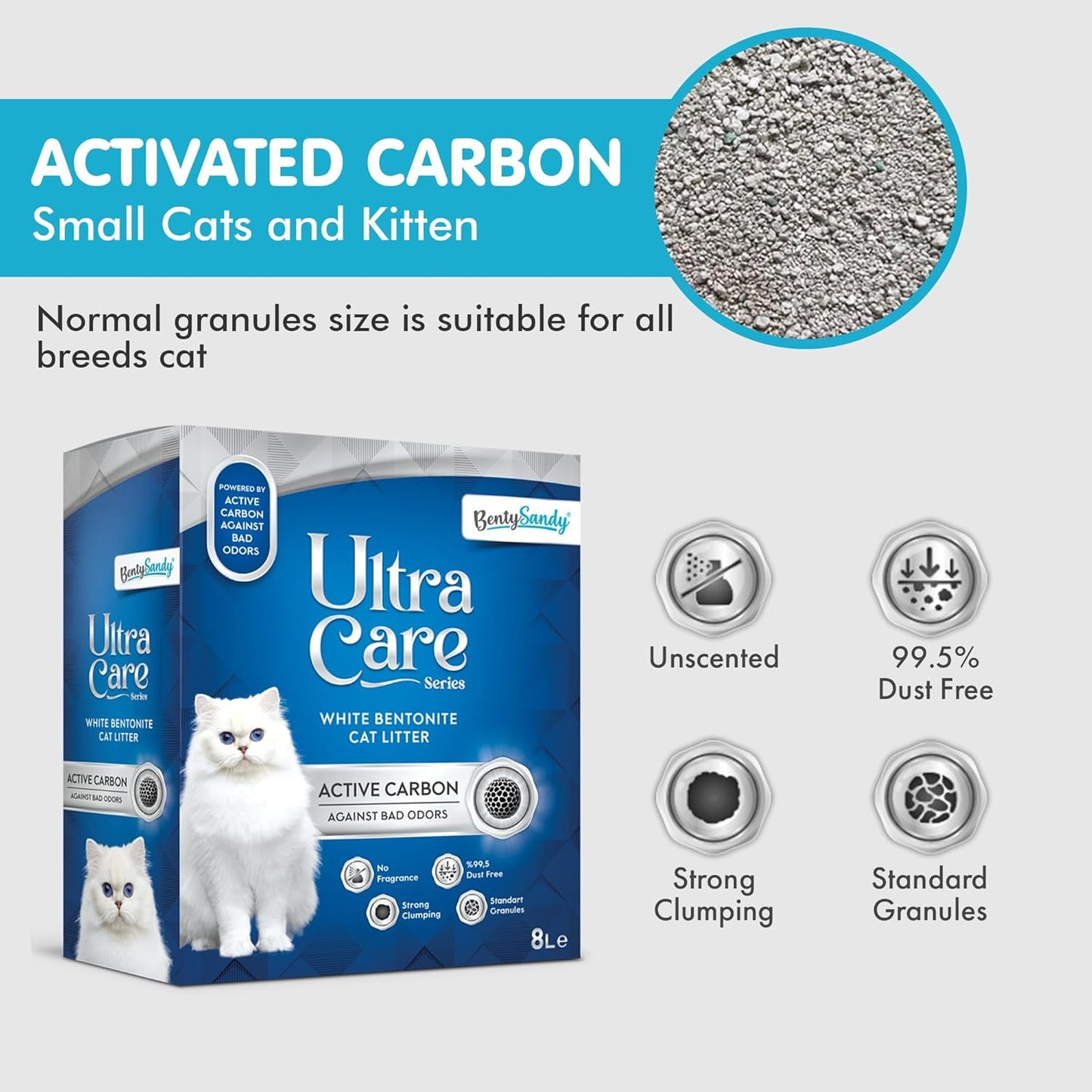 BentySandy Cat Litter – Natural Bentonite, Dust-Free, Clumping, 8L (Active Carbon)