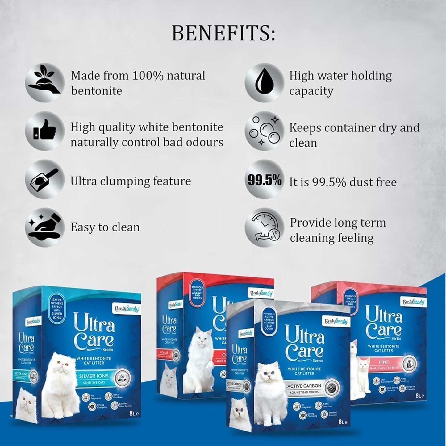 BentySandy Cat Litter – Natural Bentonite, Dust-Free, Clumping, 8L (Active Carbon)
