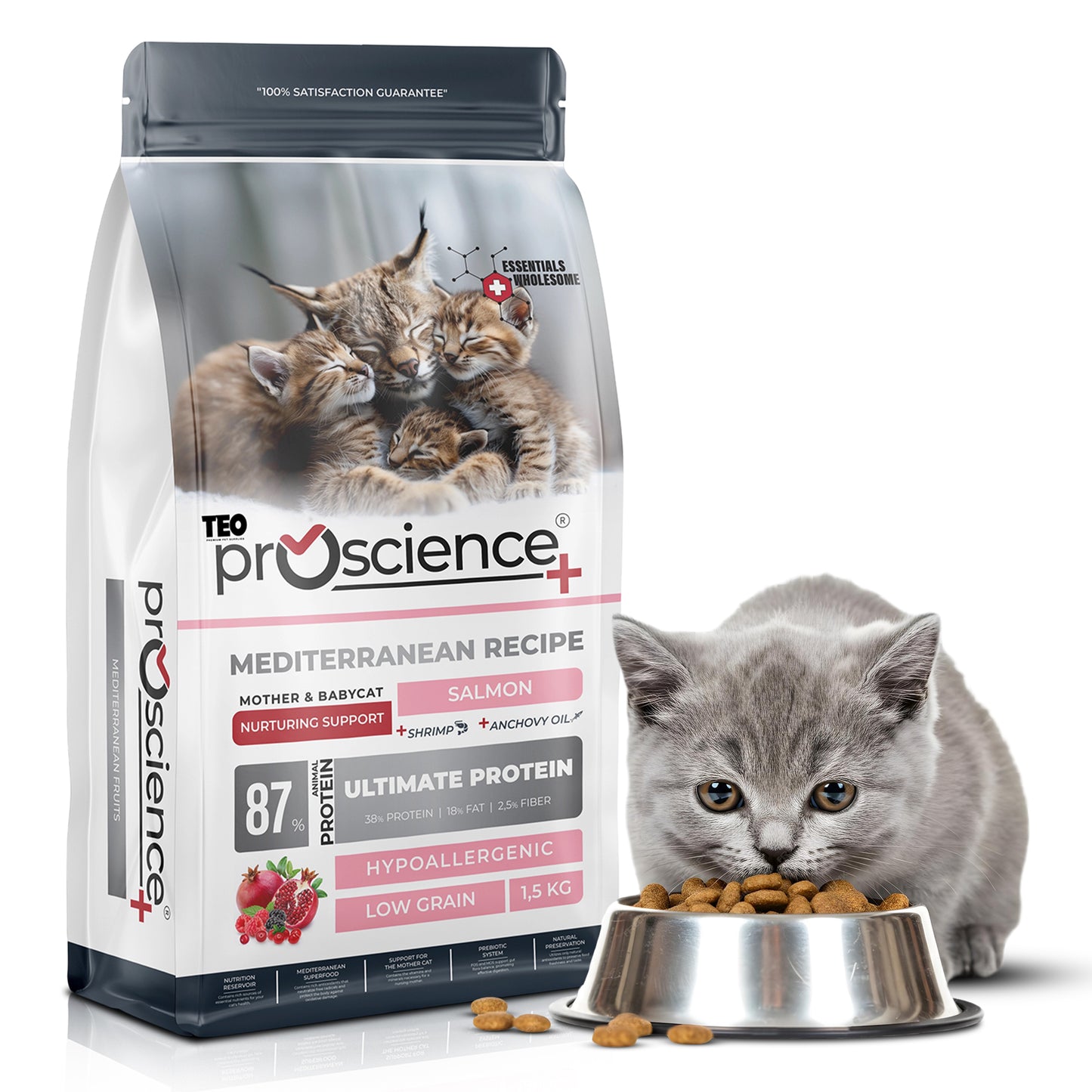 Teo Premium ProScience Mother & Baby Cat Food Mediterranean Recipe With Salmon, Shrimp & Anchovy Oil 87% Animal Protein Hypoallergenic Low-Grain Formula Omega 3 & 6, Taurine, Prebiotics FOS+MOS 1.5KG