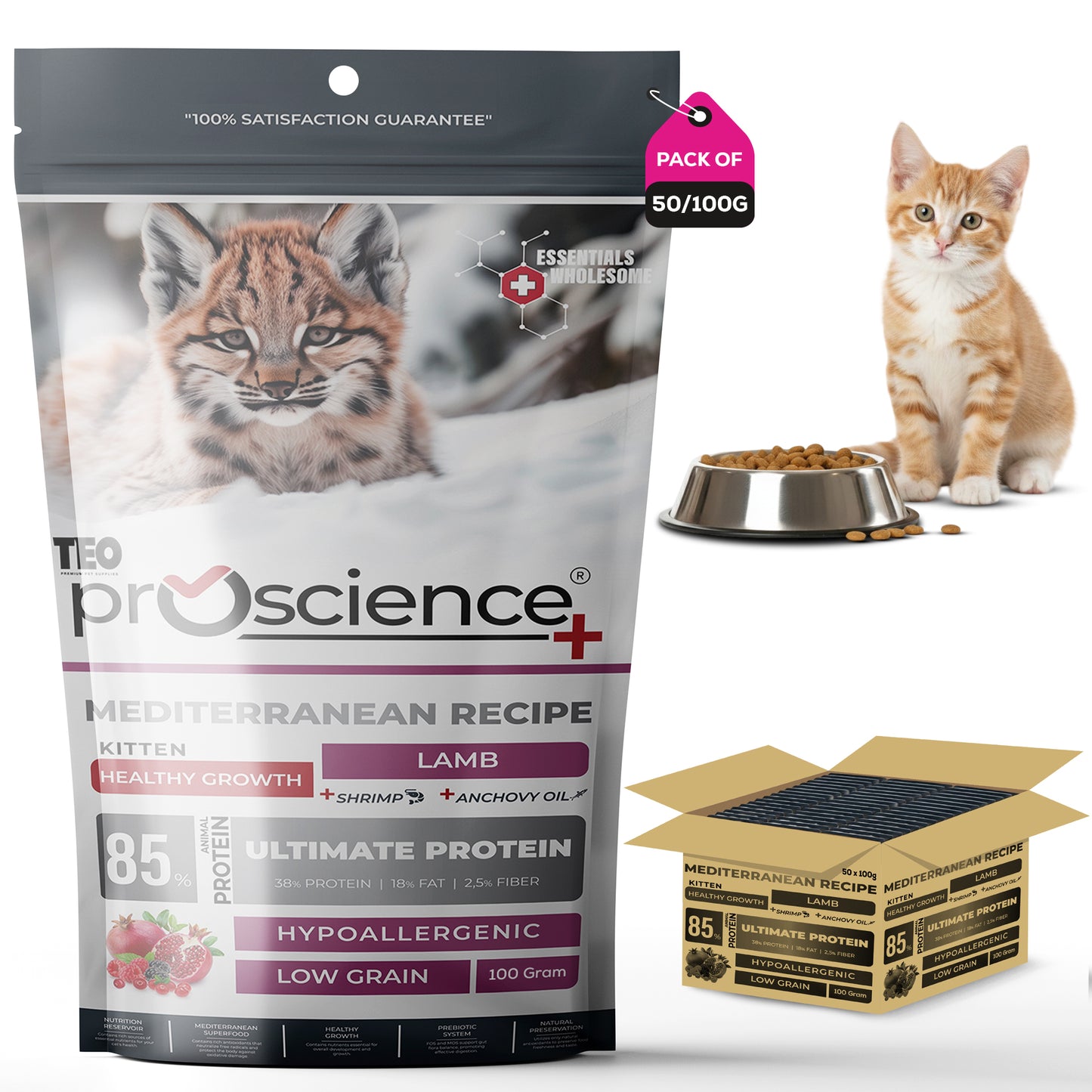 Teo Premium ProScience Mother & Baby Cat Food Mediterranean Recipe With Salmon, Shrimp & Anchovy Oil 87% Animal Protein Hypoallergenic Low-Grain Formula Omega 3 & 6, Taurine, Prebiotics FOS+MOS 1.5KG