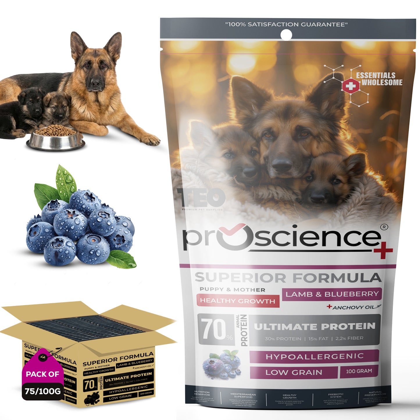 Teo Premium Proscience Mini Puppy Lamb & Blueberry Dog Food 2KG, 78% Animal Protein, Hypoallergenic Low-Grain Formula, DHA & Fish Oil for Brain Development, Healthy Growth for Small Breed Puppies