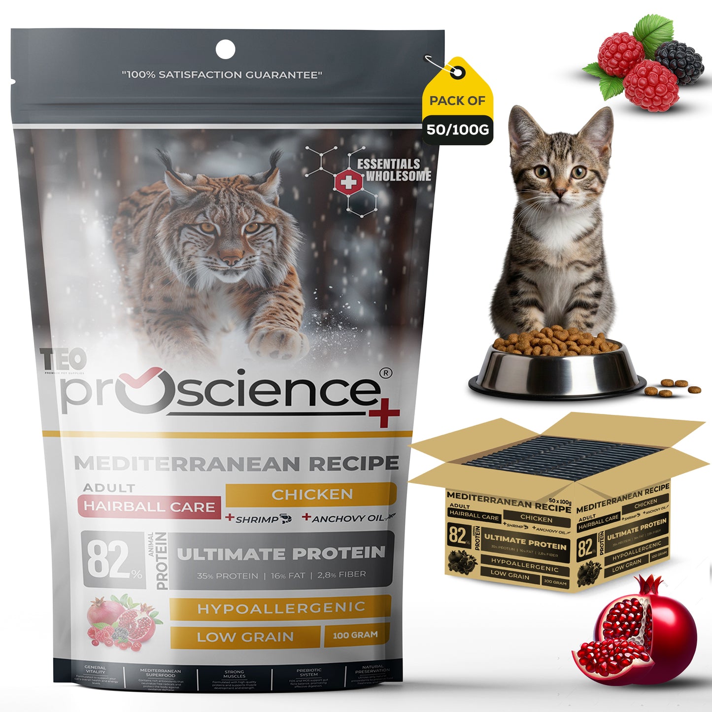 Teo Premium ProScience Mother & Baby Cat Food Mediterranean Recipe With Salmon, Shrimp & Anchovy Oil 87% Animal Protein Hypoallergenic Low-Grain Formula Omega 3 & 6, Taurine, Prebiotics FOS+MOS 1.5KG