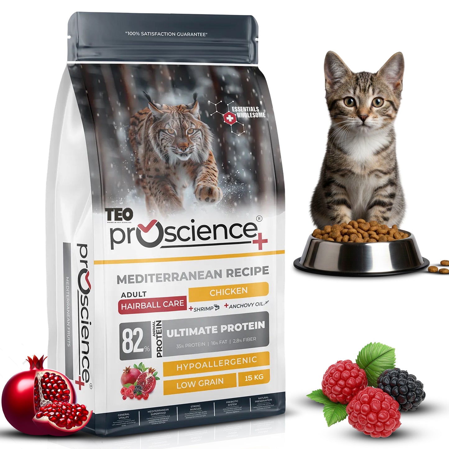 Teo Premium ProScience Mother & Baby Cat Food Mediterranean Recipe With Salmon, Shrimp & Anchovy Oil 87% Animal Protein Hypoallergenic Low-Grain Formula Omega 3 & 6, Taurine, Prebiotics FOS+MOS 1.5KG