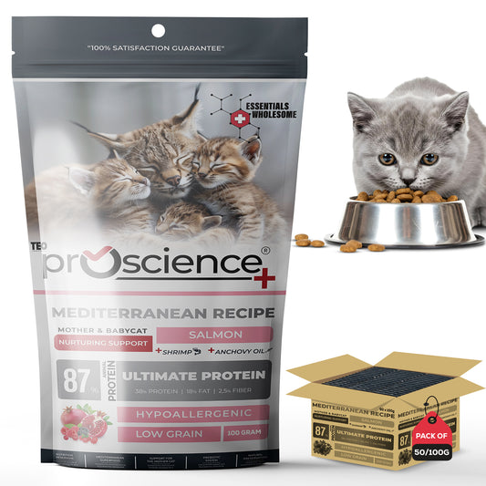 Teo Premium ProScience Mother & Baby Cat Food Mediterranean Recipe With Salmon, Shrimp & Anchovy Oil 87% Animal Protein Hypoallergenic Low-Grain Formula Omega 3 & 6, Taurine, Prebiotics FOS+MOS 1.5KG
