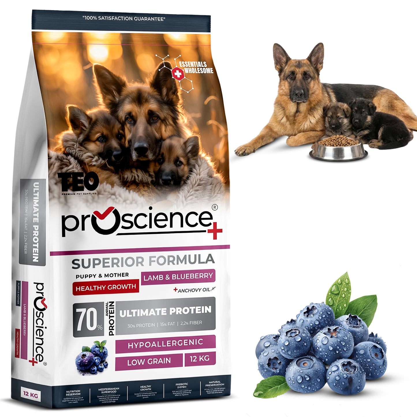 Teo Premium Proscience Mini Puppy Lamb & Blueberry Dog Food 2KG, 78% Animal Protein, Hypoallergenic Low-Grain Formula, DHA & Fish Oil for Brain Development, Healthy Growth for Small Breed Puppies