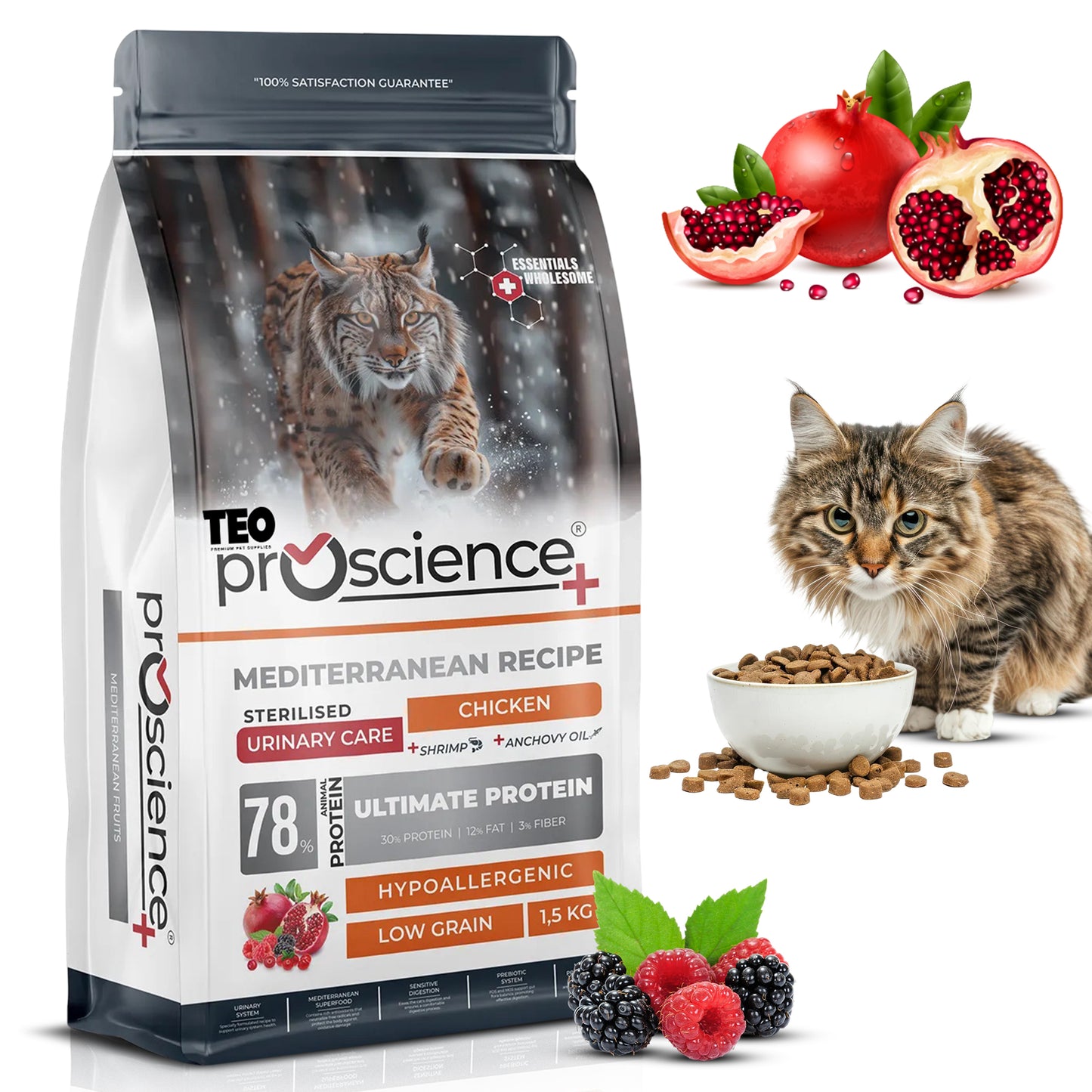 Teo Premium ProScience Mother & Baby Cat Food Mediterranean Recipe With Salmon, Shrimp & Anchovy Oil 87% Animal Protein Hypoallergenic Low-Grain Formula Omega 3 & 6, Taurine, Prebiotics FOS+MOS 1.5KG
