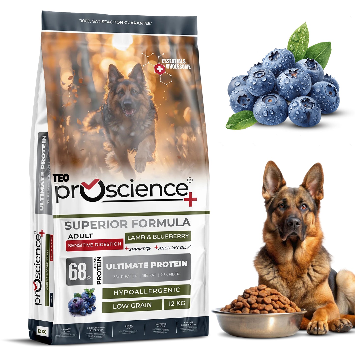 Teo Premium Proscience Mini Puppy Lamb & Blueberry Dog Food 2KG, 78% Animal Protein, Hypoallergenic Low-Grain Formula, DHA & Fish Oil for Brain Development, Healthy Growth for Small Breed Puppies