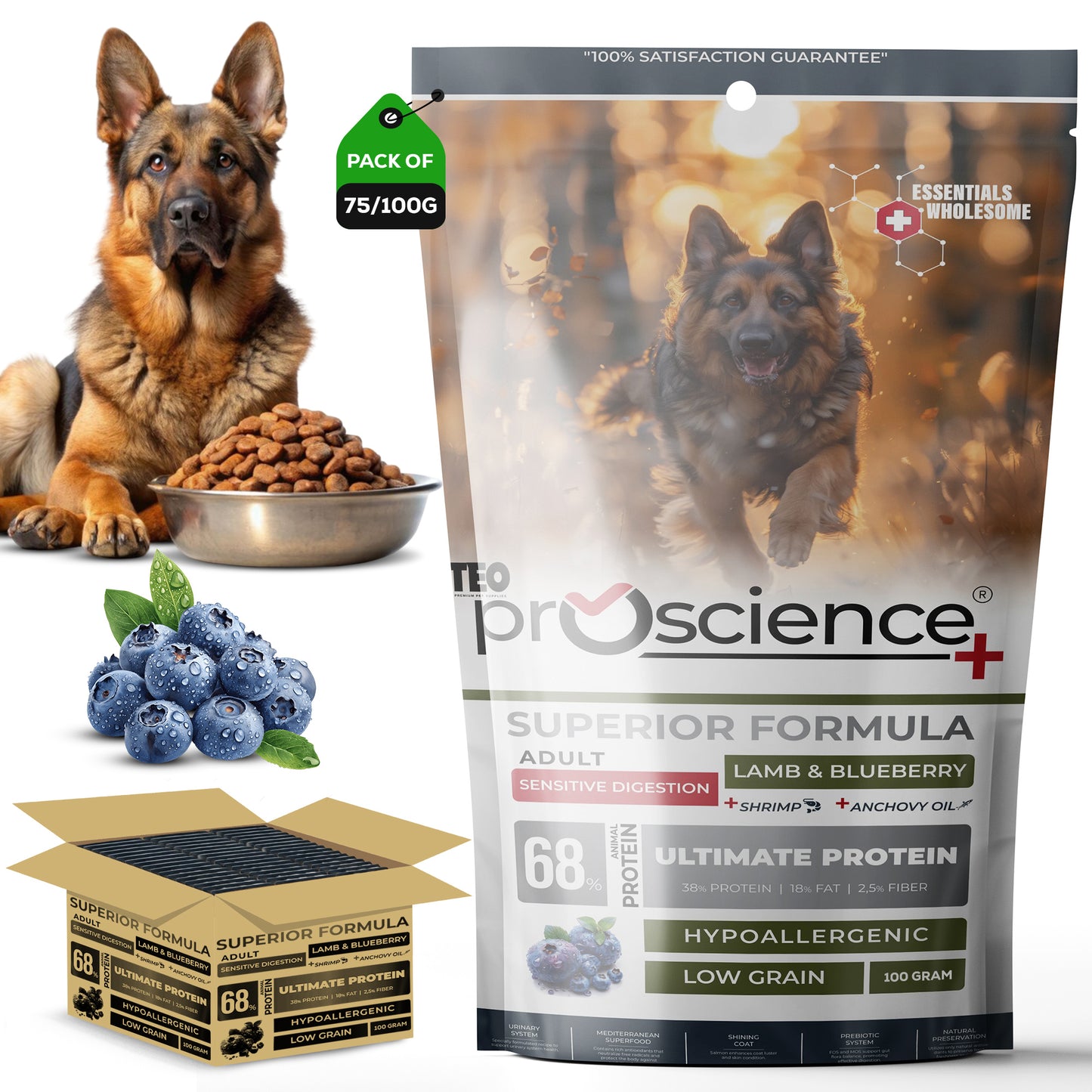 Teo Premium Proscience Mini Puppy Lamb & Blueberry Dog Food 2KG, 78% Animal Protein, Hypoallergenic Low-Grain Formula, DHA & Fish Oil for Brain Development, Healthy Growth for Small Breed Puppies