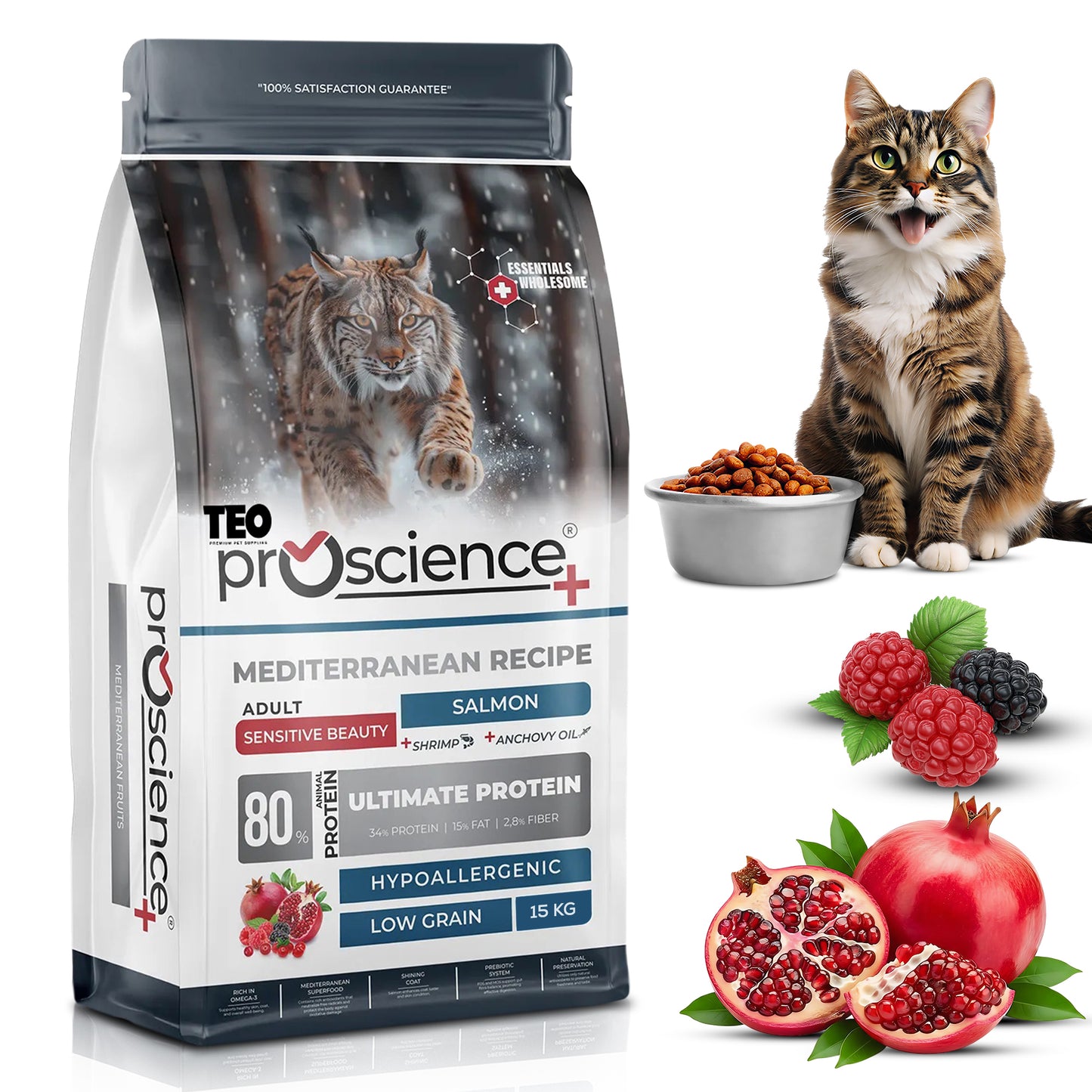 Teo Premium ProScience Mother & Baby Cat Food Mediterranean Recipe With Salmon, Shrimp & Anchovy Oil 87% Animal Protein Hypoallergenic Low-Grain Formula Omega 3 & 6, Taurine, Prebiotics FOS+MOS 1.5KG