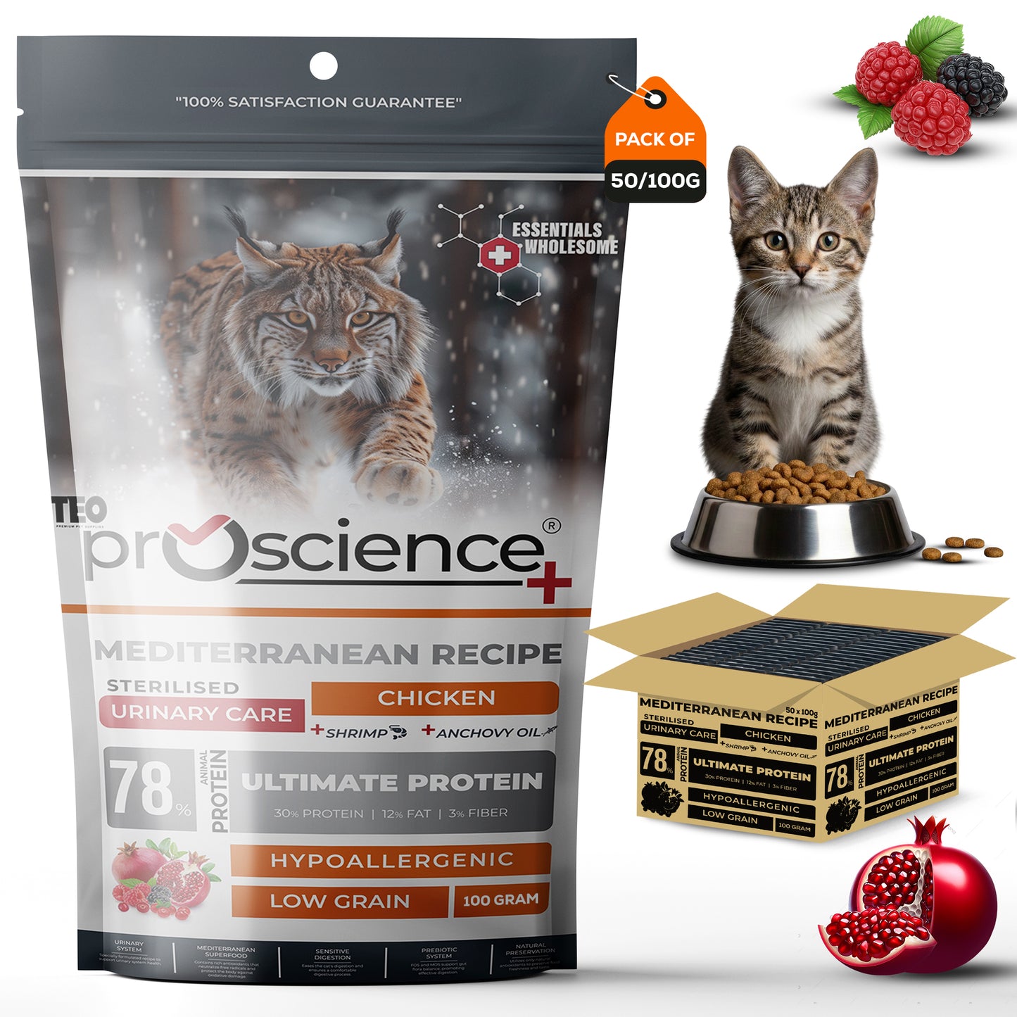 Teo Premium ProScience Mother & Baby Cat Food Mediterranean Recipe With Salmon, Shrimp & Anchovy Oil 87% Animal Protein Hypoallergenic Low-Grain Formula Omega 3 & 6, Taurine, Prebiotics FOS+MOS 1.5KG