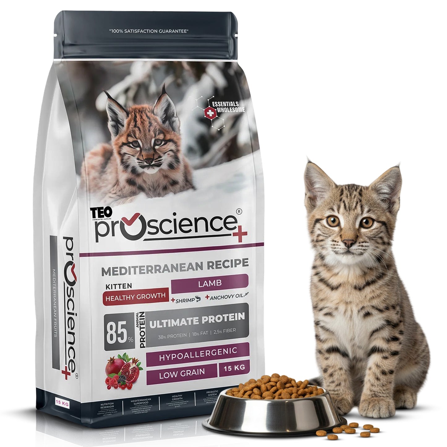 Teo Premium ProScience Mother & Baby Cat Food Mediterranean Recipe With Salmon, Shrimp & Anchovy Oil 87% Animal Protein Hypoallergenic Low-Grain Formula Omega 3 & 6, Taurine, Prebiotics FOS+MOS 1.5KG