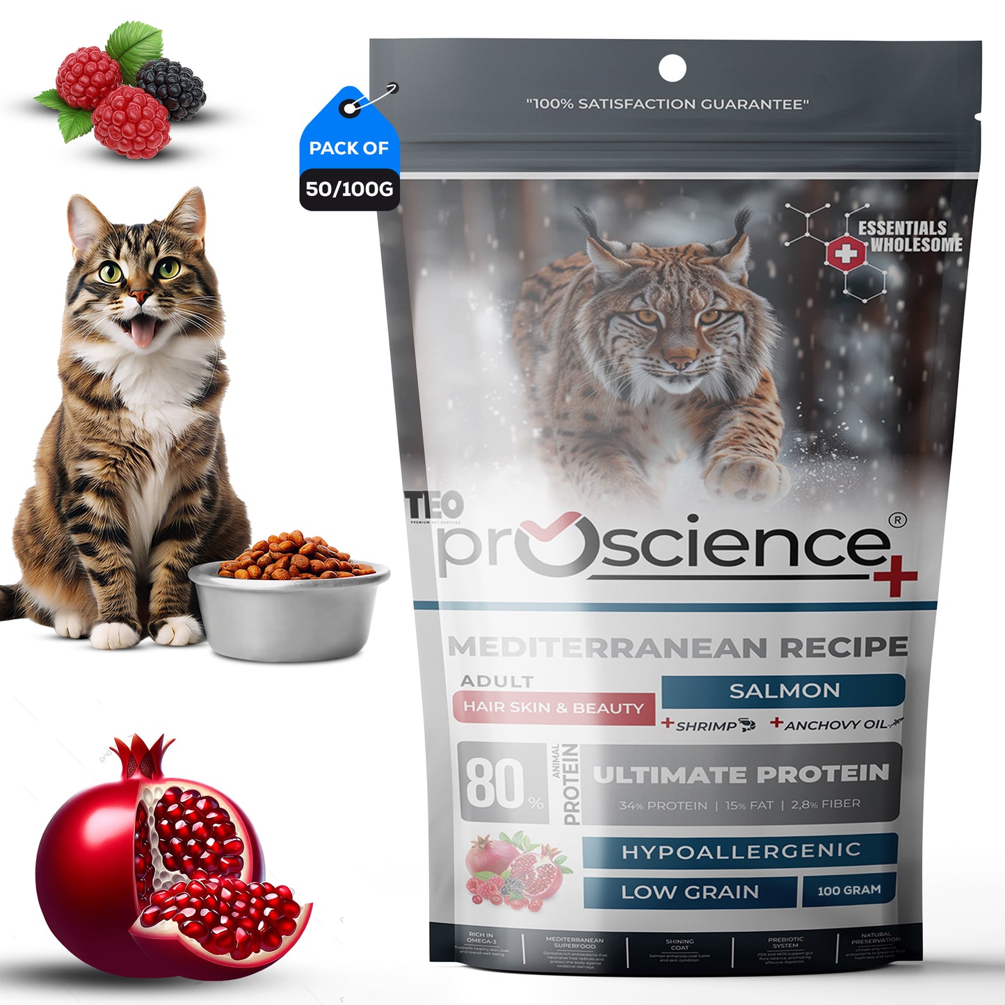 Teo Premium ProScience Mother & Baby Cat Food Mediterranean Recipe With Salmon, Shrimp & Anchovy Oil 87% Animal Protein Hypoallergenic Low-Grain Formula Omega 3 & 6, Taurine, Prebiotics FOS+MOS 1.5KG